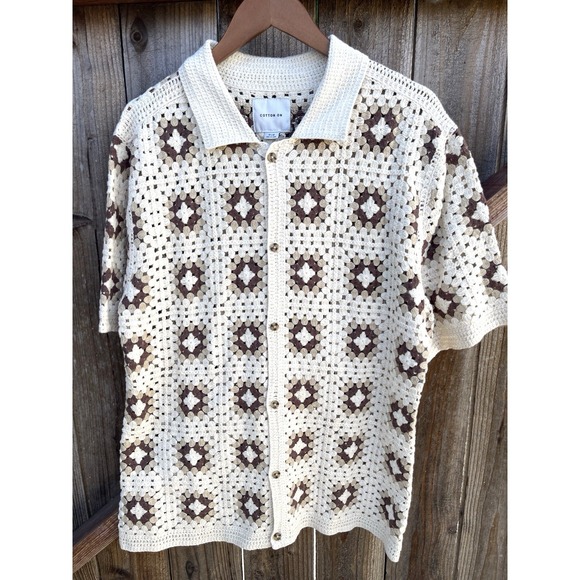 Cotton On Other - NWT Cotton On Mens Button Down Crochet Havana Shirt Sz M Granny Square Grampcore